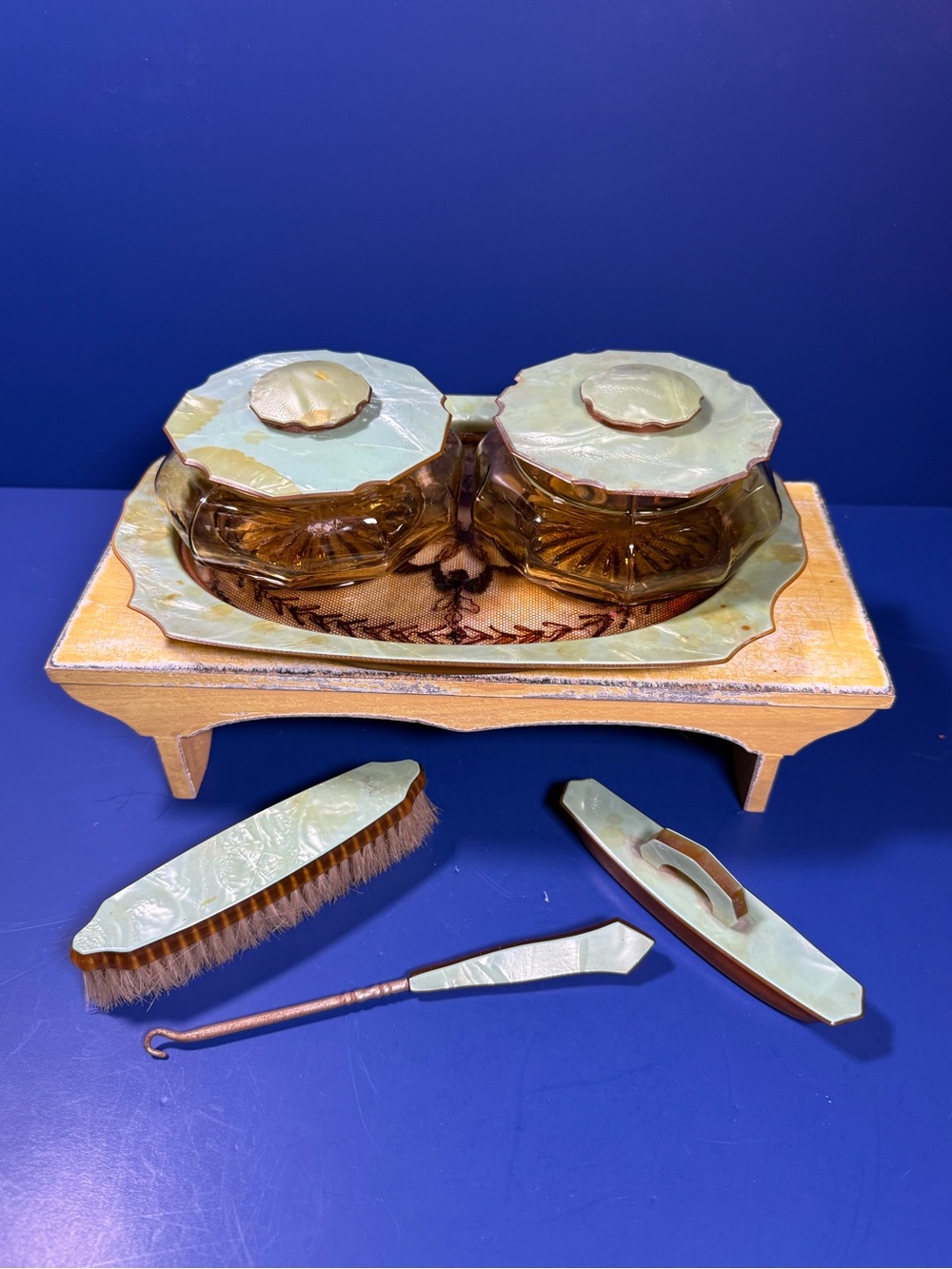 Antique Art Deco Vanity Set Amber Glass & Green Celluloid/Bakelite Trim – 1930s